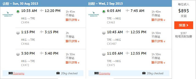 香港出發 台北 HK$793(連稅HK$1,190)