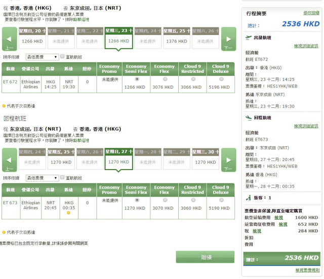 埃塞俄比亞航空【聖誕出發】香港飛東京 HK$1,600起(連稅HK$2,536)