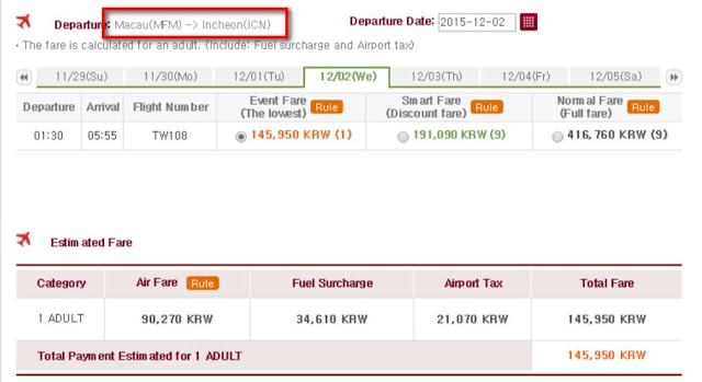 澳門飛首爾 145,950 WON，約HK$965(連稅)